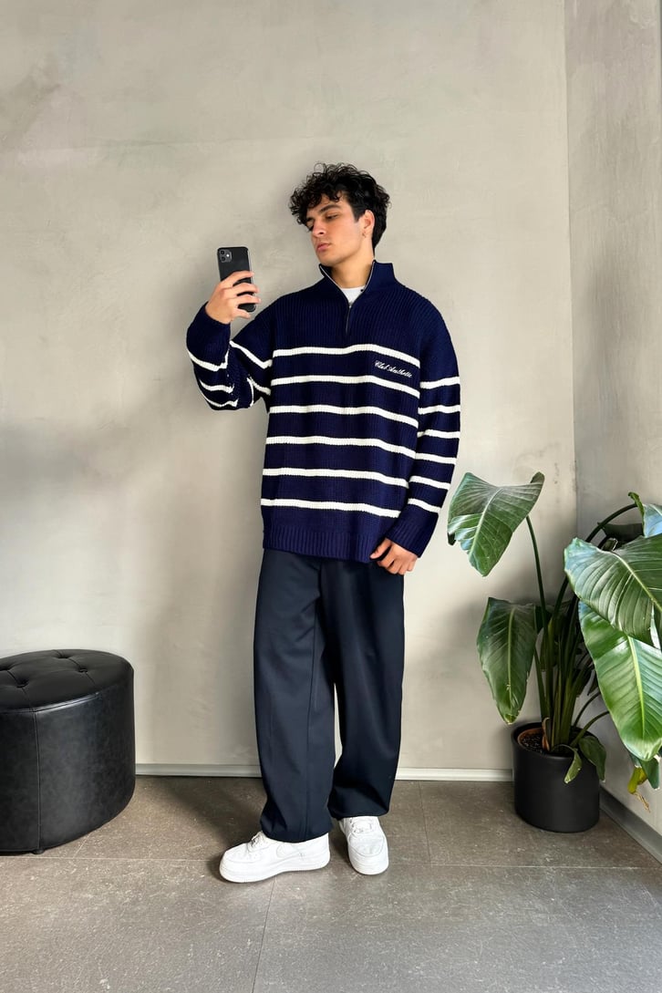 Half Zip Club Aesthetic Nakışlı Kazak
