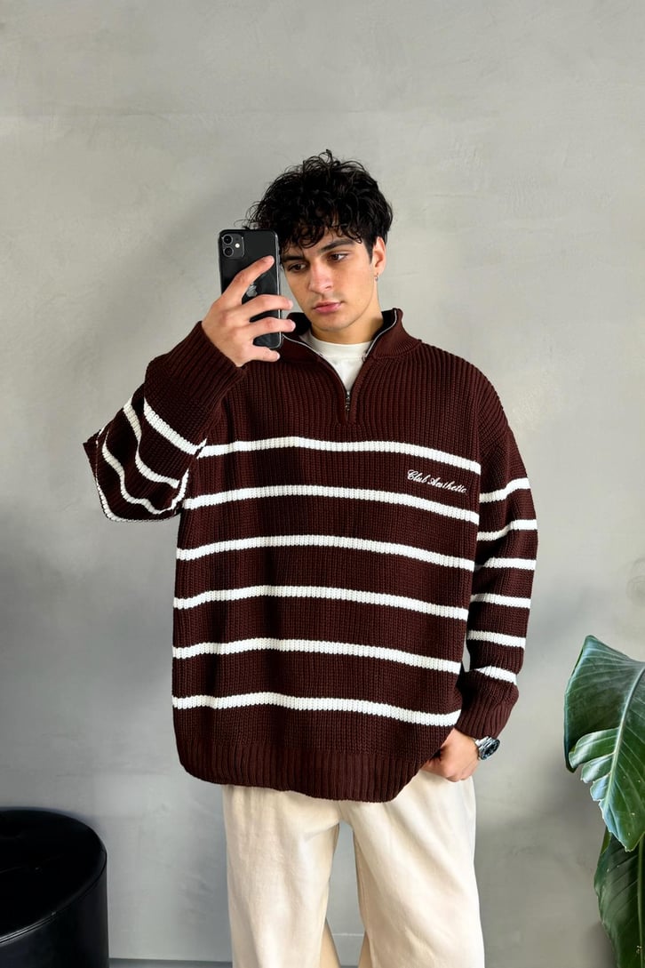 Half Zip Club Aesthetic Nakışlı Kazak