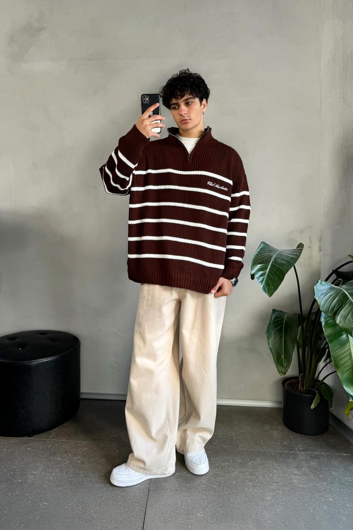 Half Zip Club Aesthetic Nakışlı Kazak