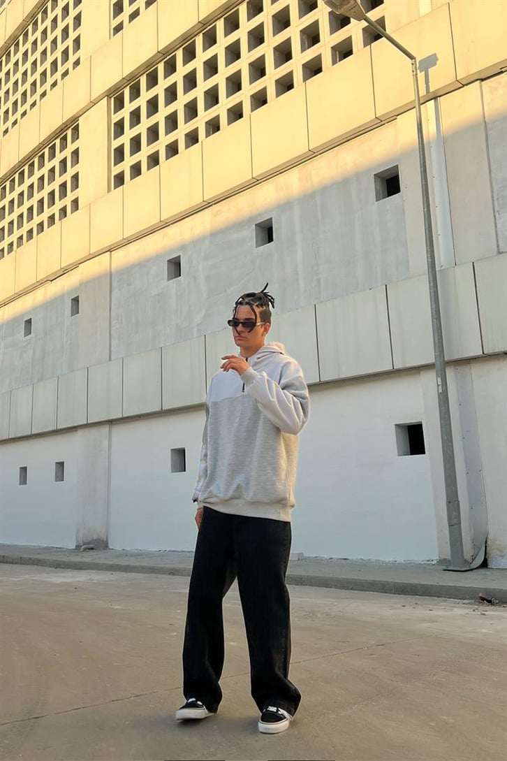 Half-Zip Gri İçi Pamuklu Oversize Hoodie