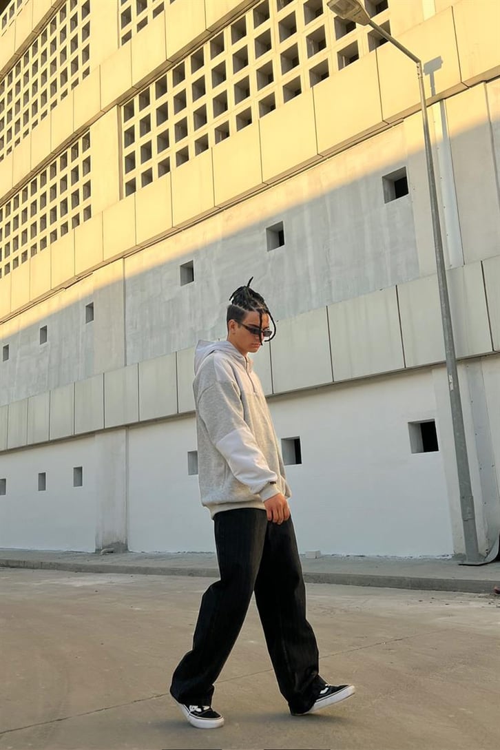 Half-Zip Gri İçi Pamuklu Oversize Hoodie
