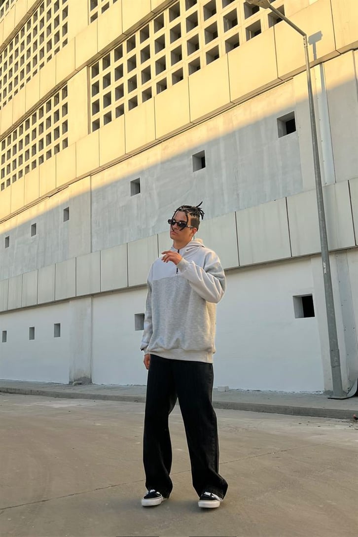 Half-Zip Gri İçi Pamuklu Oversize Hoodie