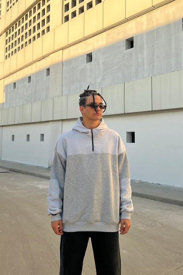 Half-Zip Gri İçi Pamuklu Oversize Hoodie