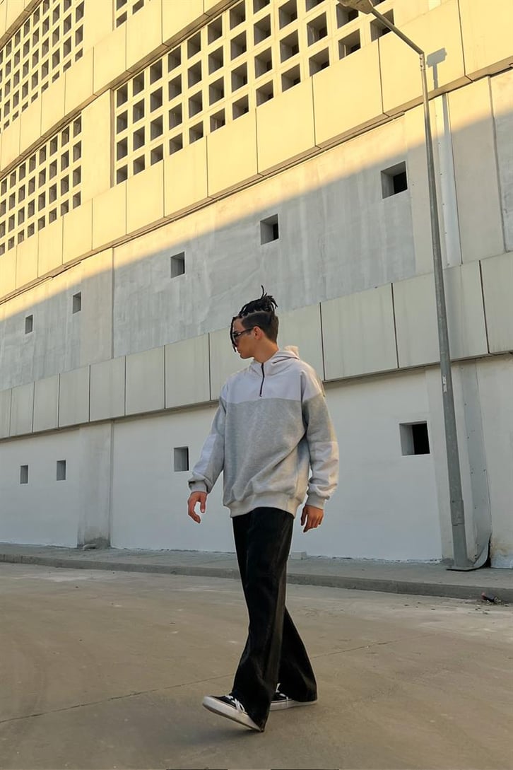 Half-Zip Gri İçi Pamuklu Oversize Hoodie