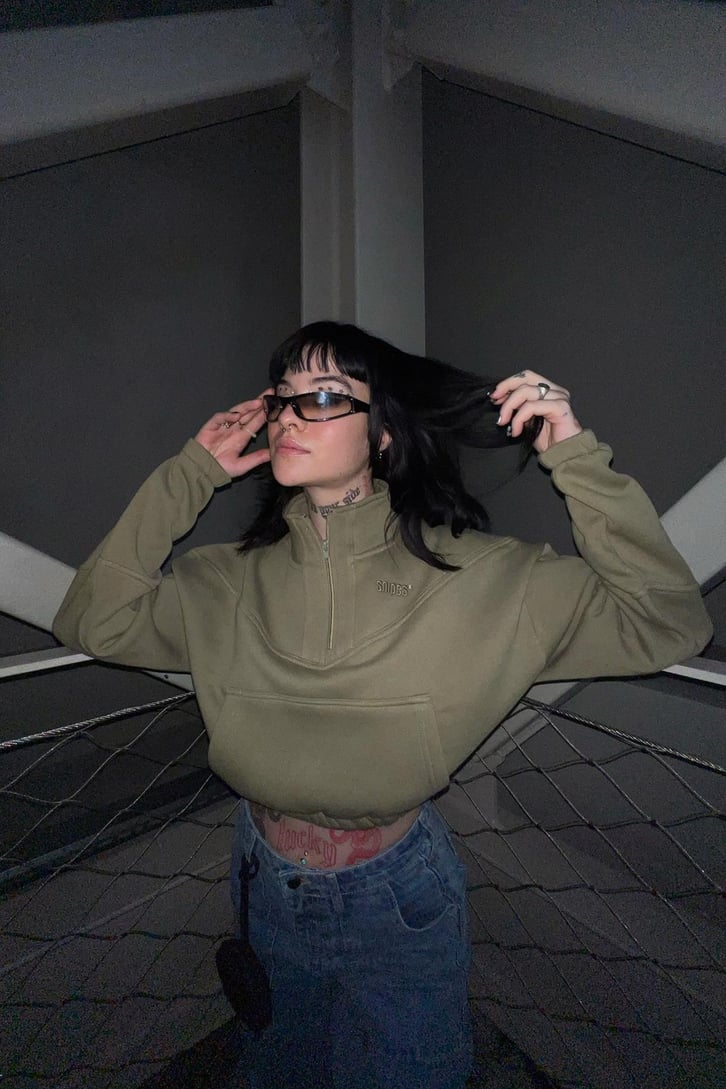 Half-Zip Haki Crop Sweatshirt