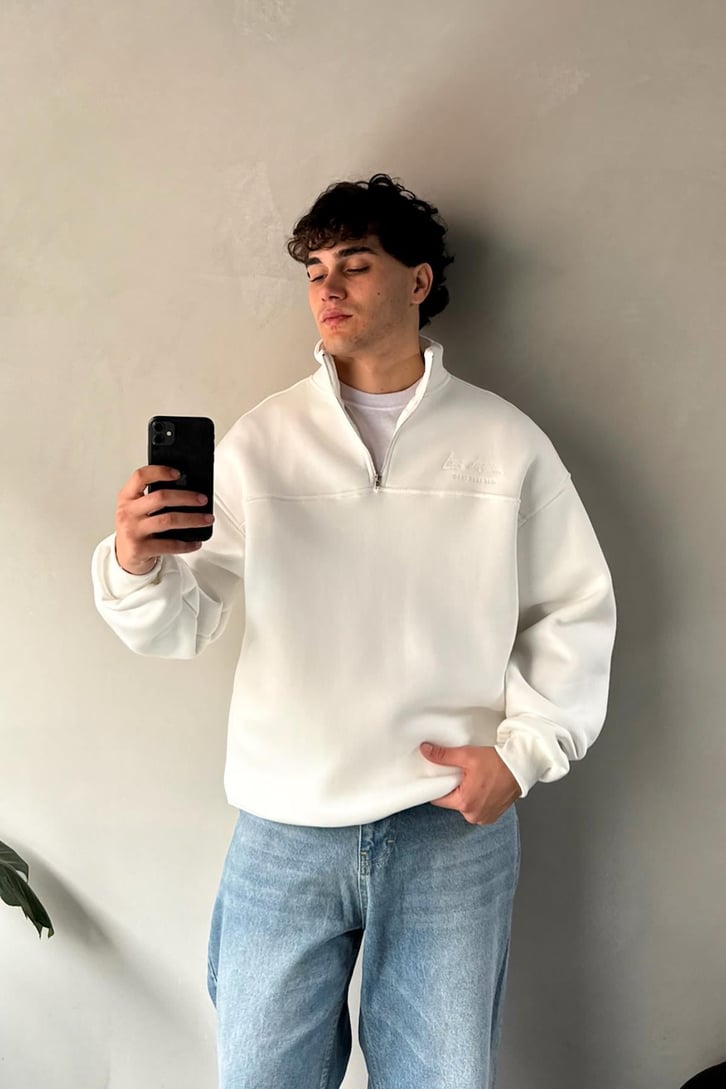 Half Zip Long Day Nakışlı Oversize Sweatshirt