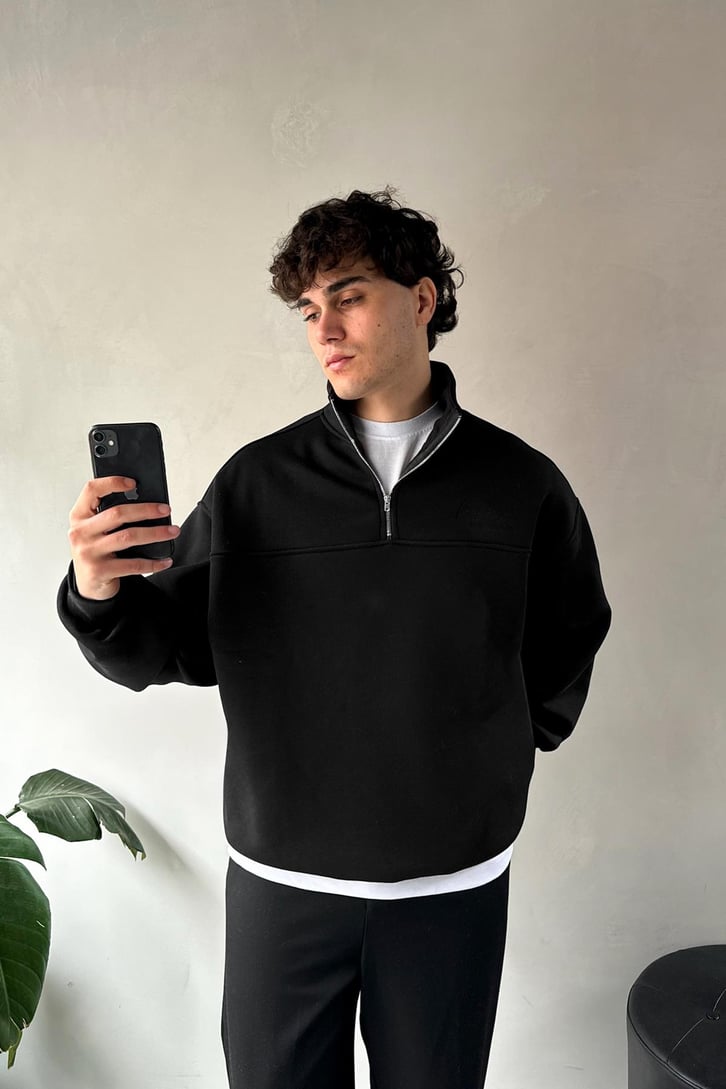 Half Zip Long Day Nakışlı Oversize Sweatshirt