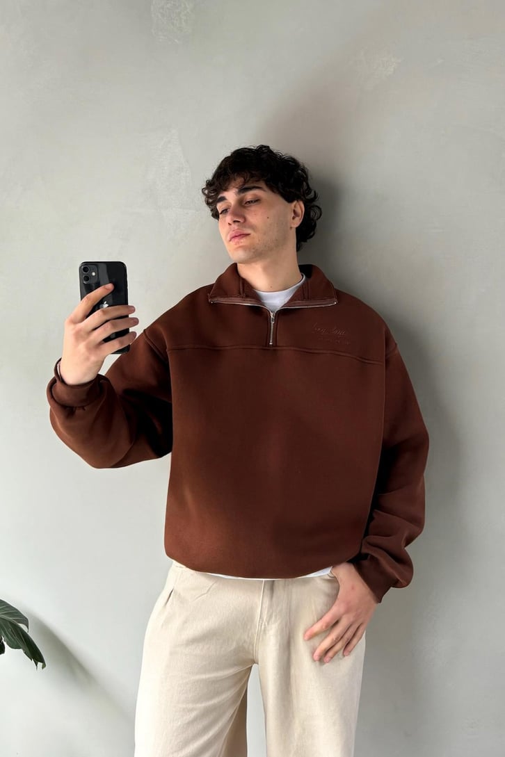 Half Zip Long Day Nakışlı Oversize Sweatshirt