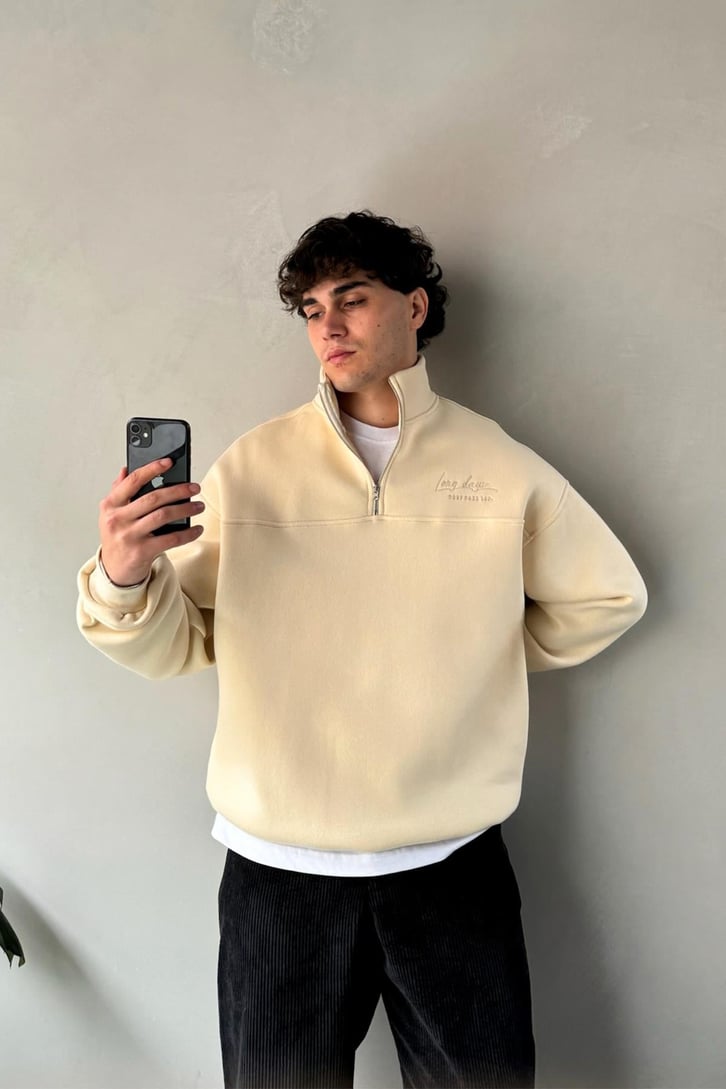 Half Zip Long Day Nakışlı Oversize Sweatshirt