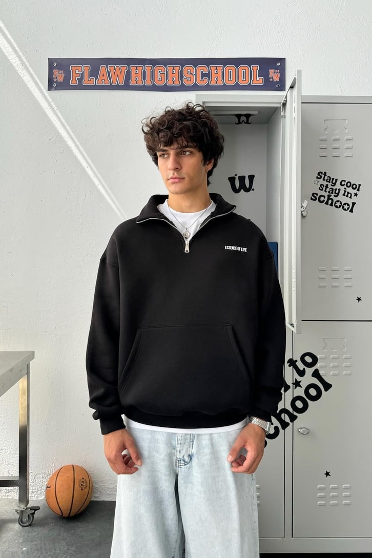 Half Zip Minimal Baskılı Oversize Sweatshirt