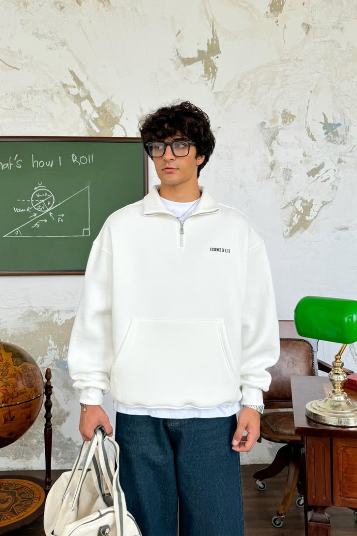 Half Zip Minimal Baskılı Oversize Sweatshirt