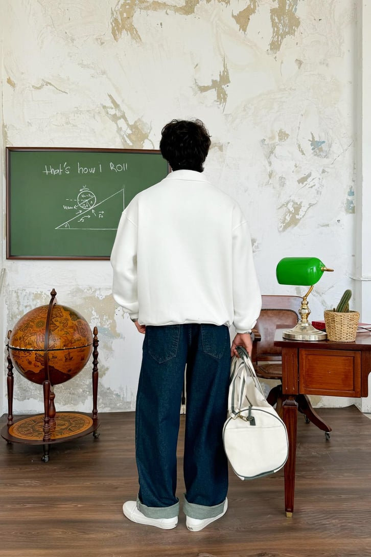 Half Zip Minimal Baskılı Oversize Sweatshirt