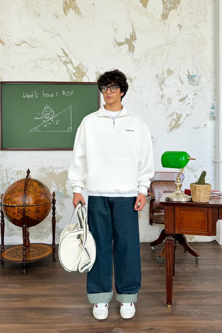 Half Zip Minimal Baskılı Oversize Sweatshirt