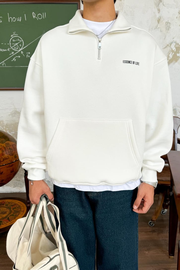 Half Zip Minimal Baskılı Oversize Sweatshirt