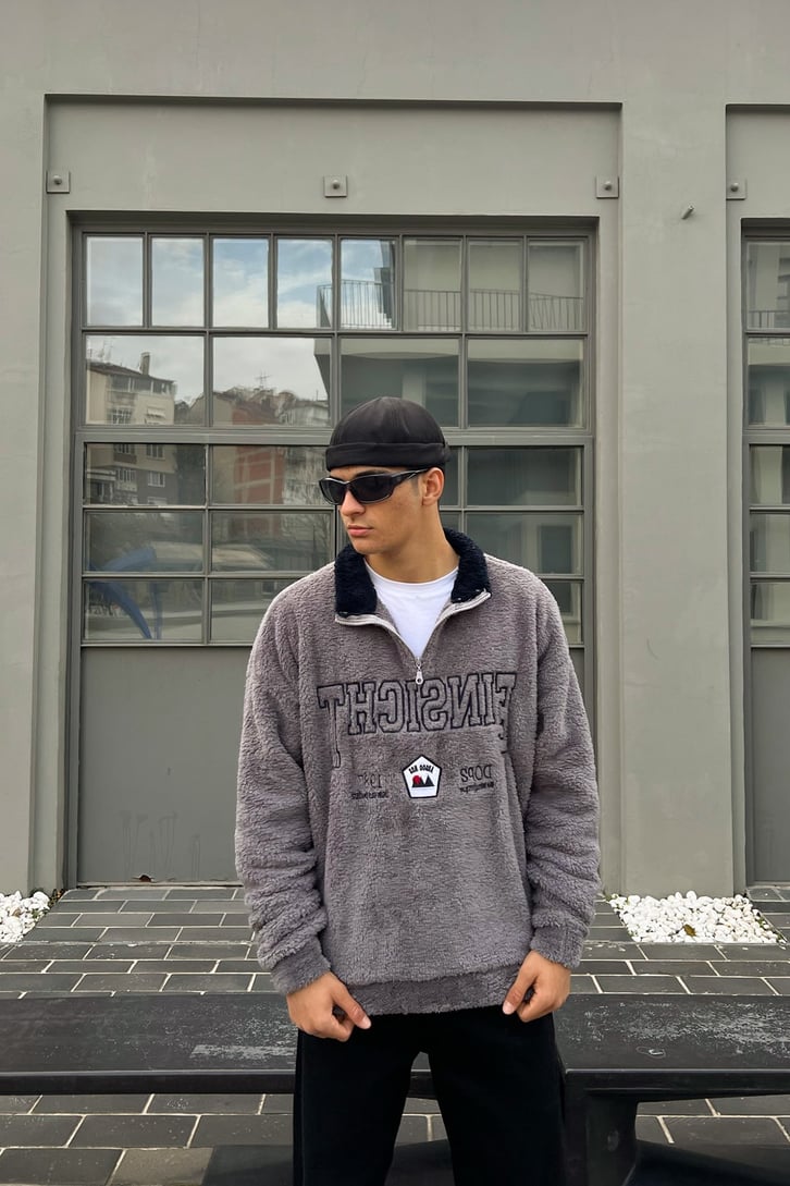 Half-Zip Nakışlı Füme Peluş Sweatshirt