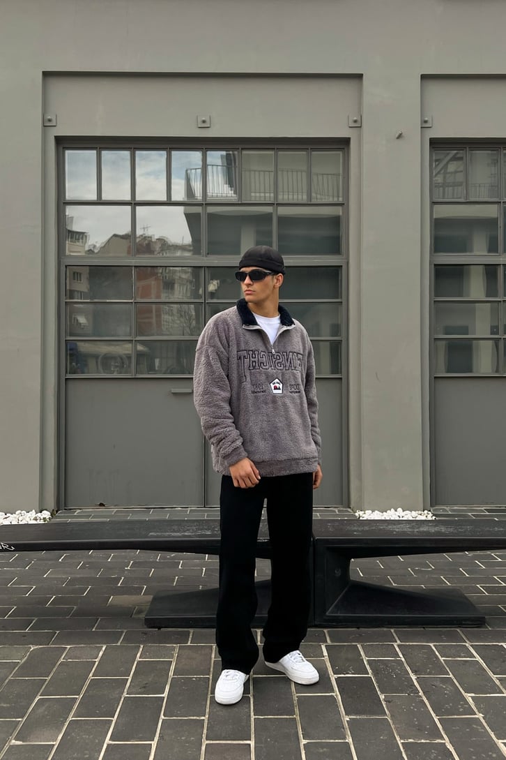 Half-Zip Nakışlı Füme Peluş Sweatshirt