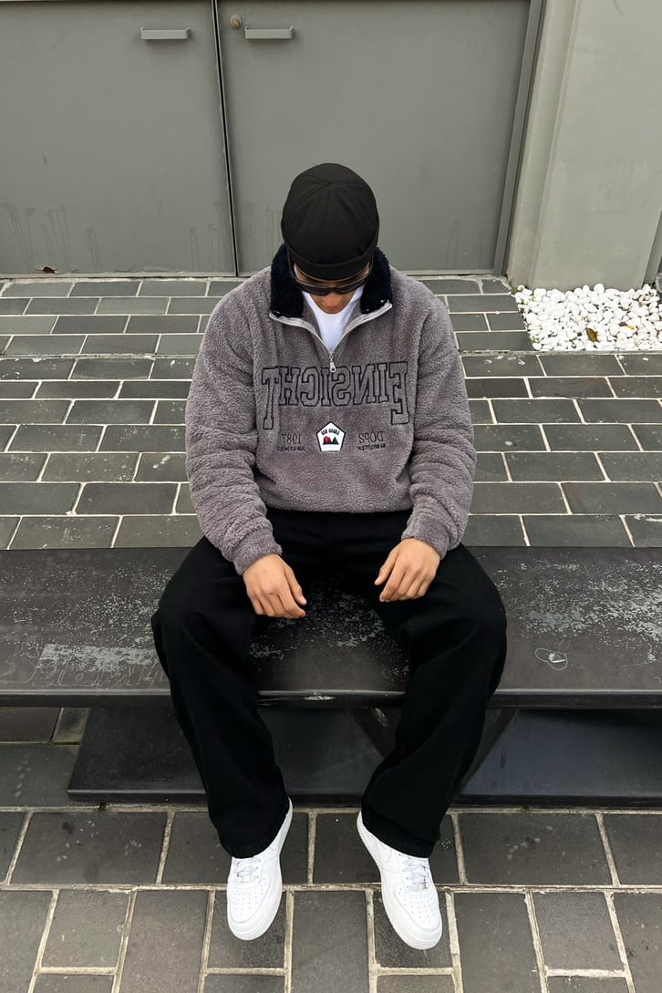 Half-Zip Nakışlı Füme Peluş Sweatshirt