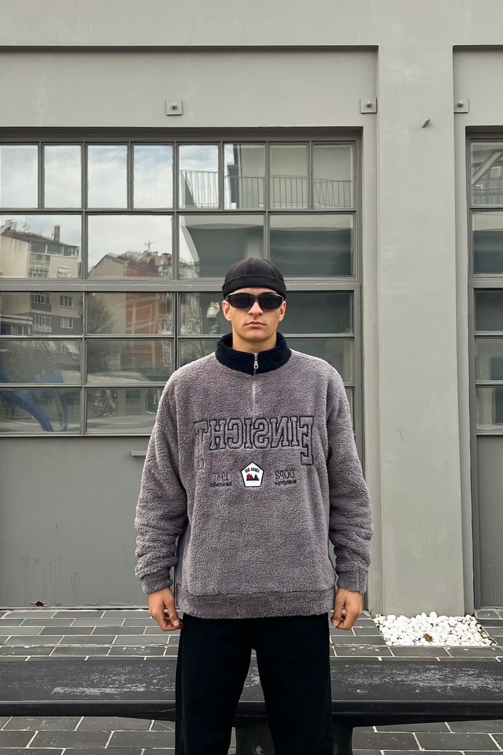 Half-Zip Nakışlı Füme Peluş Sweatshirt