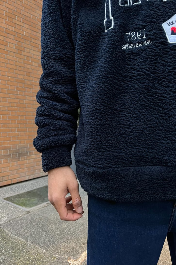 Half-Zip Nakışlı Lacivert Peluş Sweatshirt