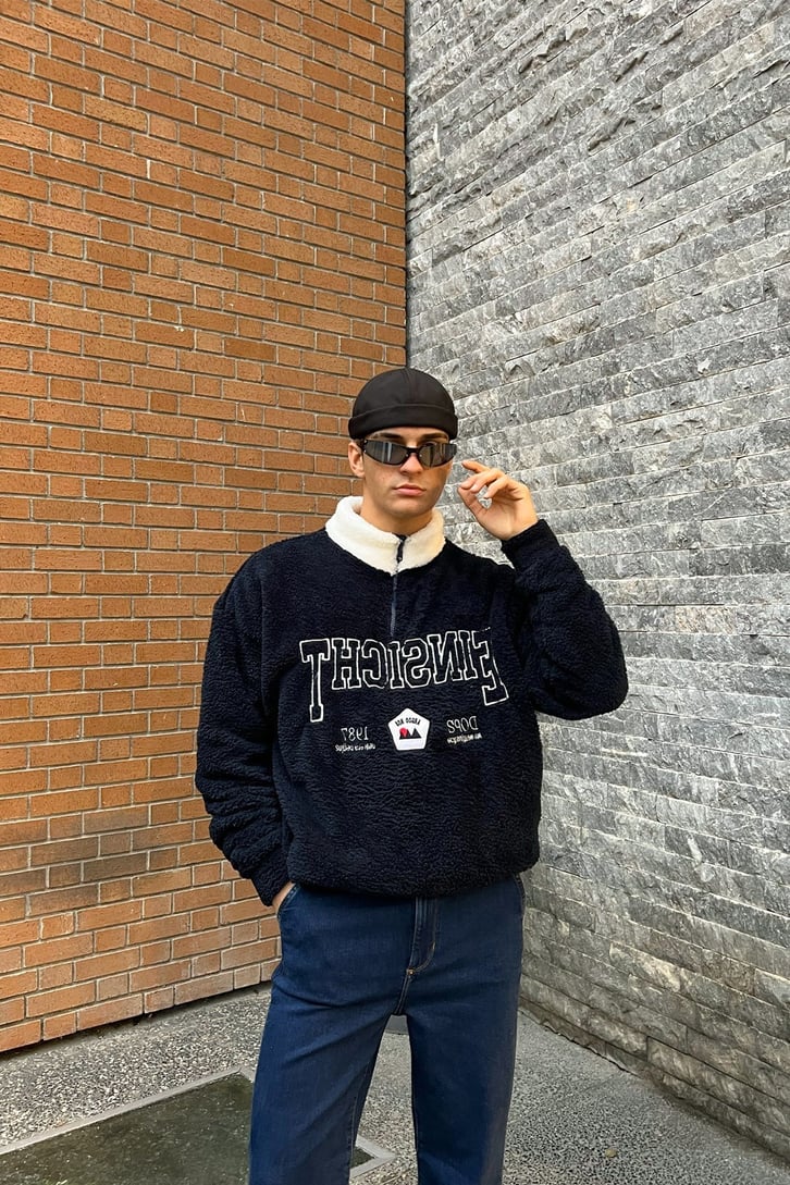 Half-Zip Nakışlı Lacivert Peluş Sweatshirt