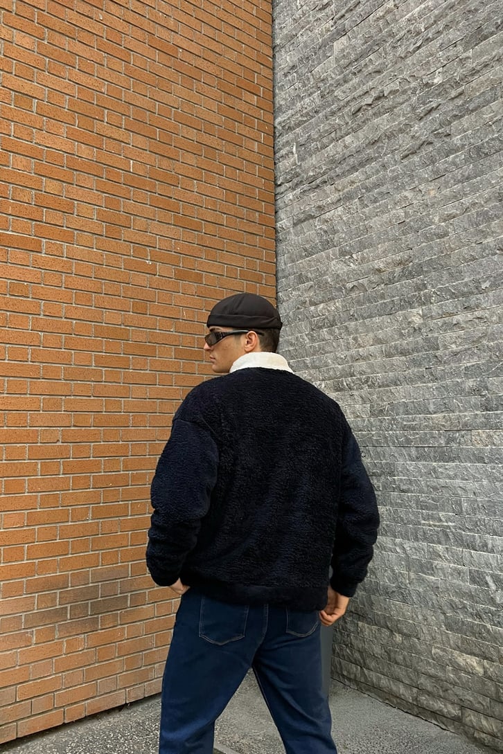 Half-Zip Nakışlı Lacivert Peluş Sweatshirt