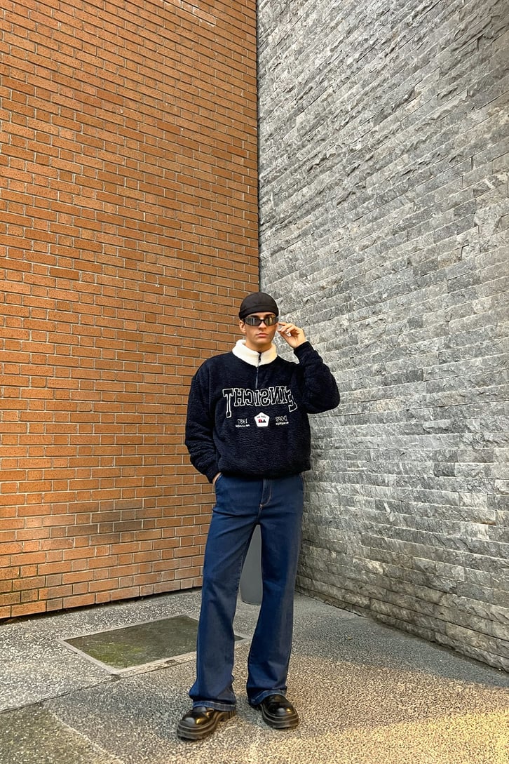 Half-Zip Nakışlı Lacivert Peluş Sweatshirt