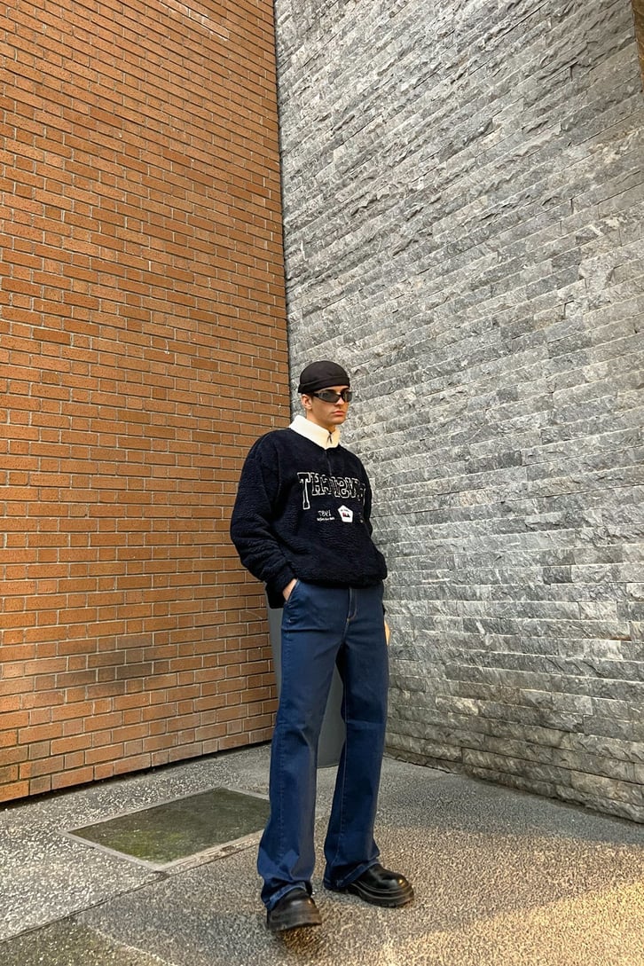 Half-Zip Nakışlı Lacivert Peluş Sweatshirt