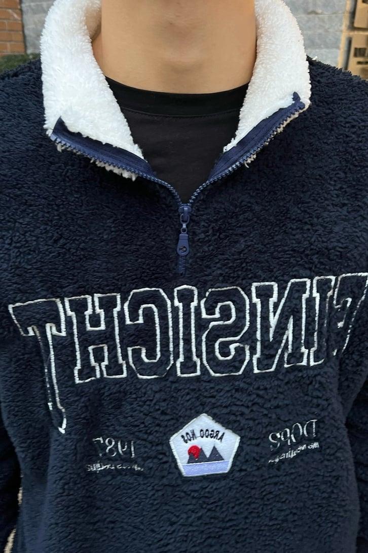 Half-Zip Nakışlı Lacivert Peluş Sweatshirt