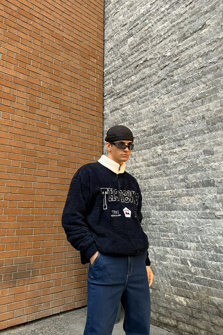 Half-Zip Nakışlı Lacivert Peluş Sweatshirt