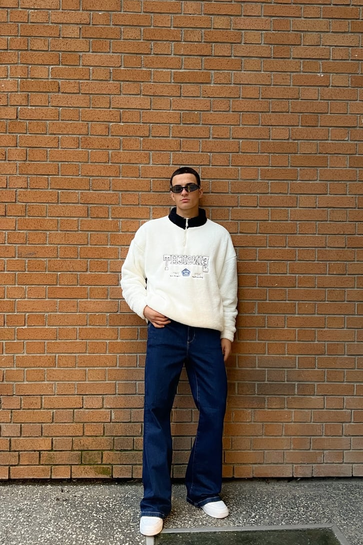 Half-Zip Nakışlı Peluş Sweatshirt