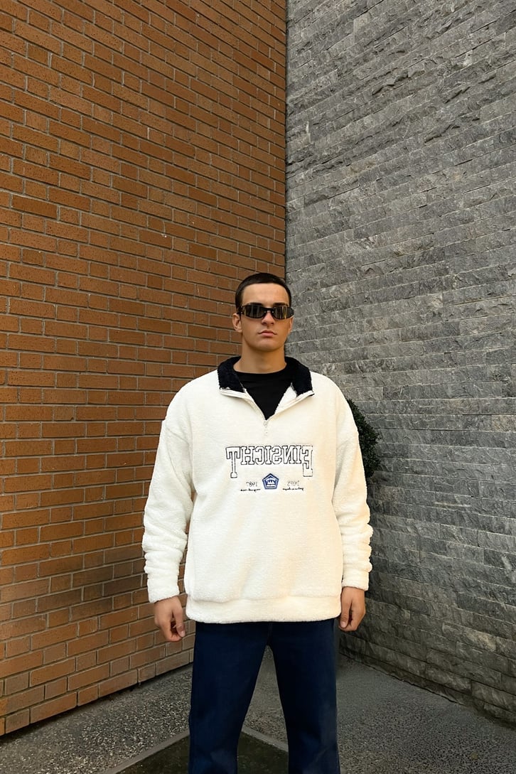 Half-Zip Nakışlı Peluş Sweatshirt