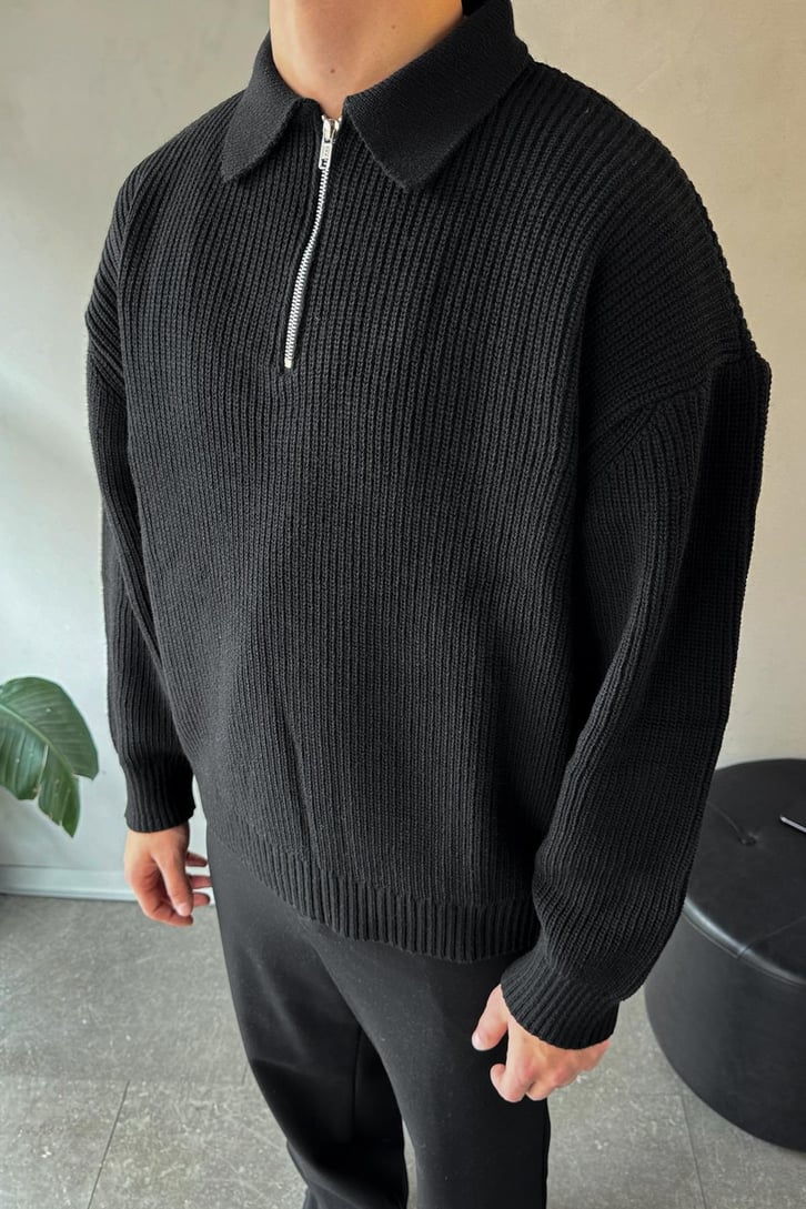 Half Zip Oversize Siyah Triko Kazak