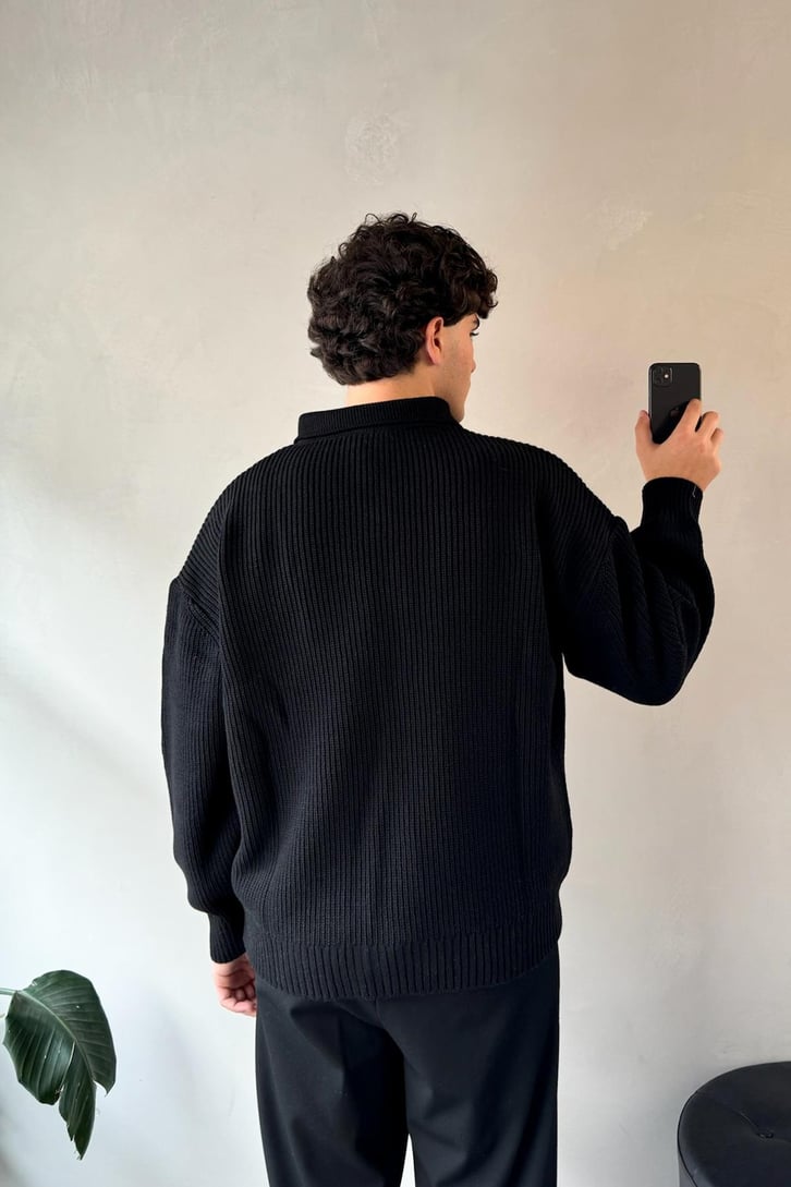Half Zip Oversize Siyah Triko Kazak