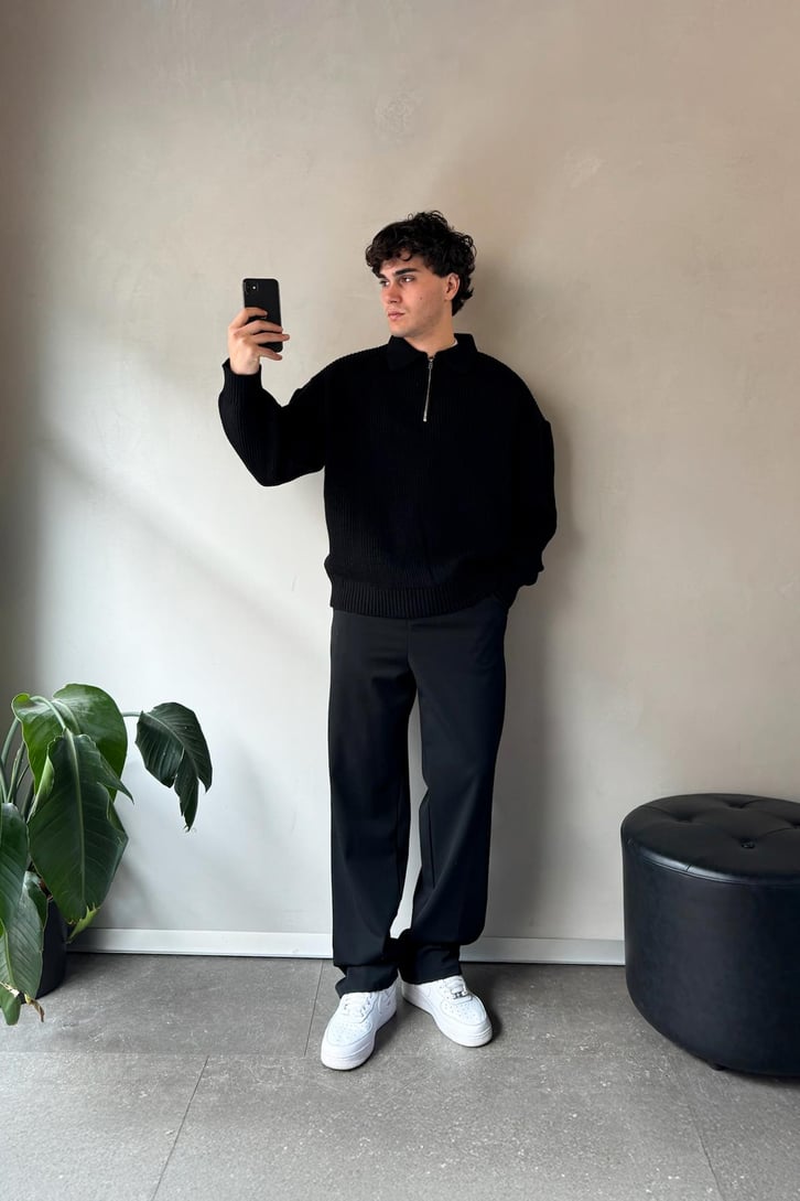 Half Zip Oversize Siyah Triko Kazak