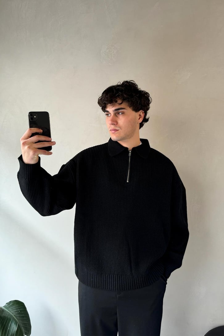 Half Zip Oversize Siyah Triko Kazak