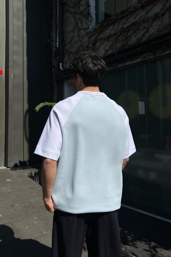 Half Zip Parçalı Bebek Mavisi Oversize Tişört