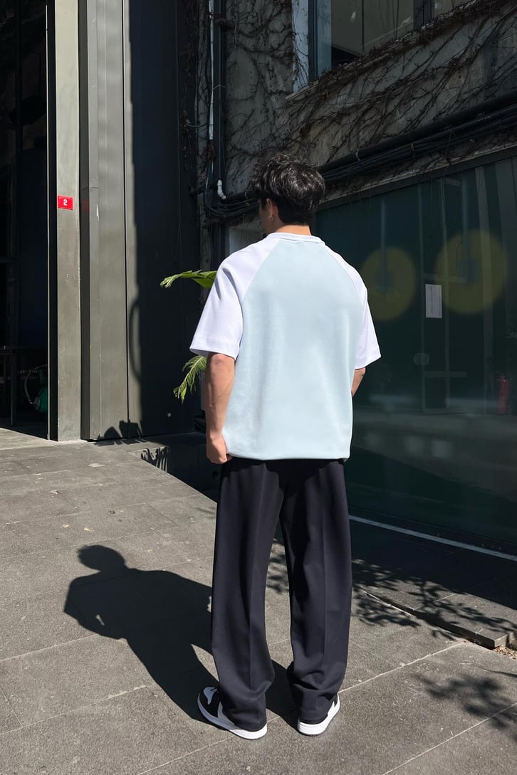 Half Zip Parçalı Bebek Mavisi Oversize Tişört