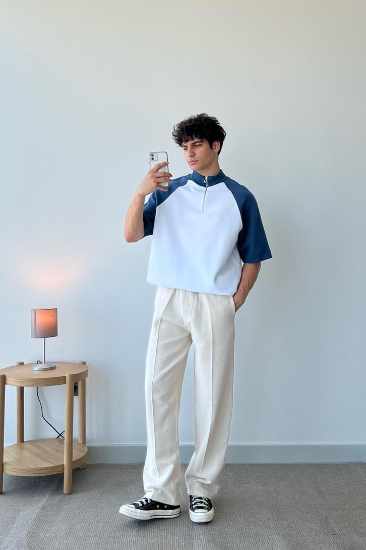 Half Zip Parçalı Gri Oversize Tişört