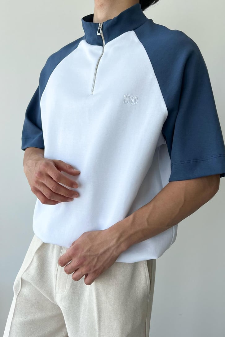 Half Zip Parçalı Gri Oversize Tişört