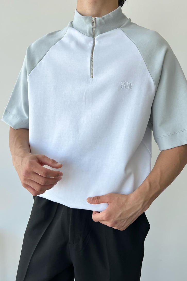 Half Zip Parçalı Gri Oversize Tişört