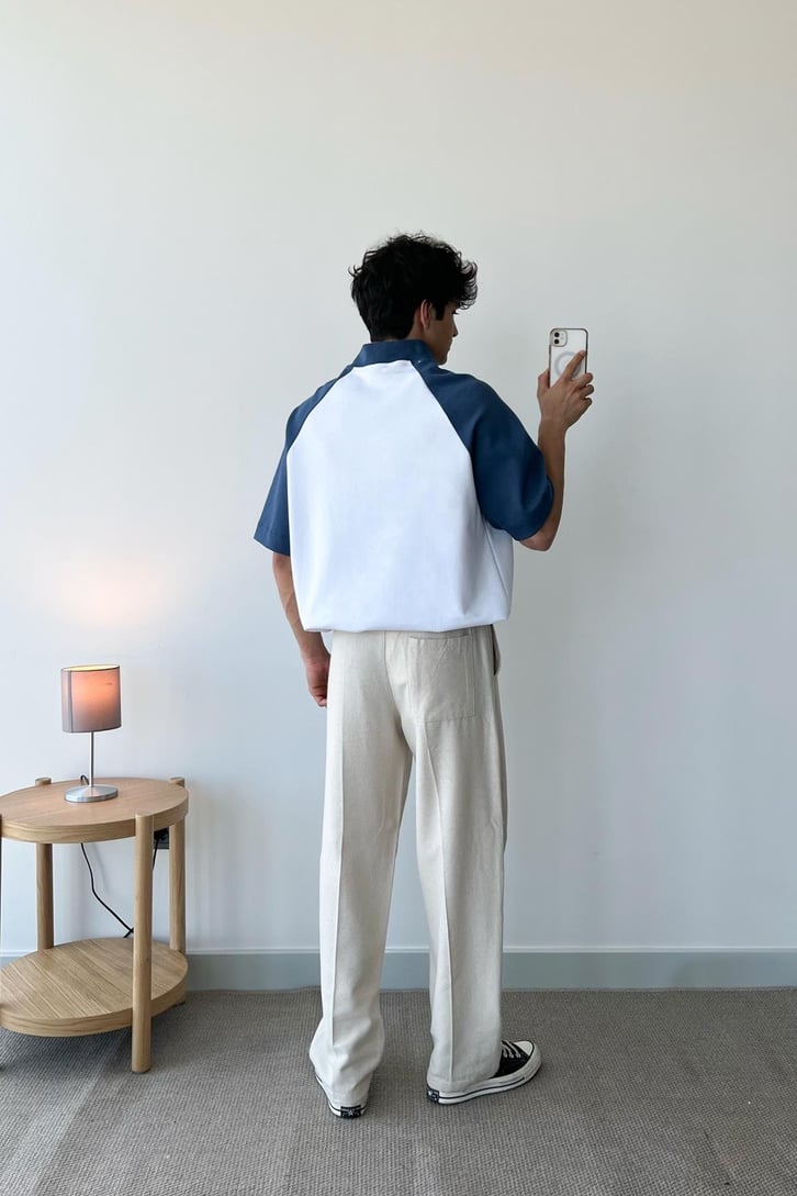Half Zip Parçalı Gri Oversize Tişört