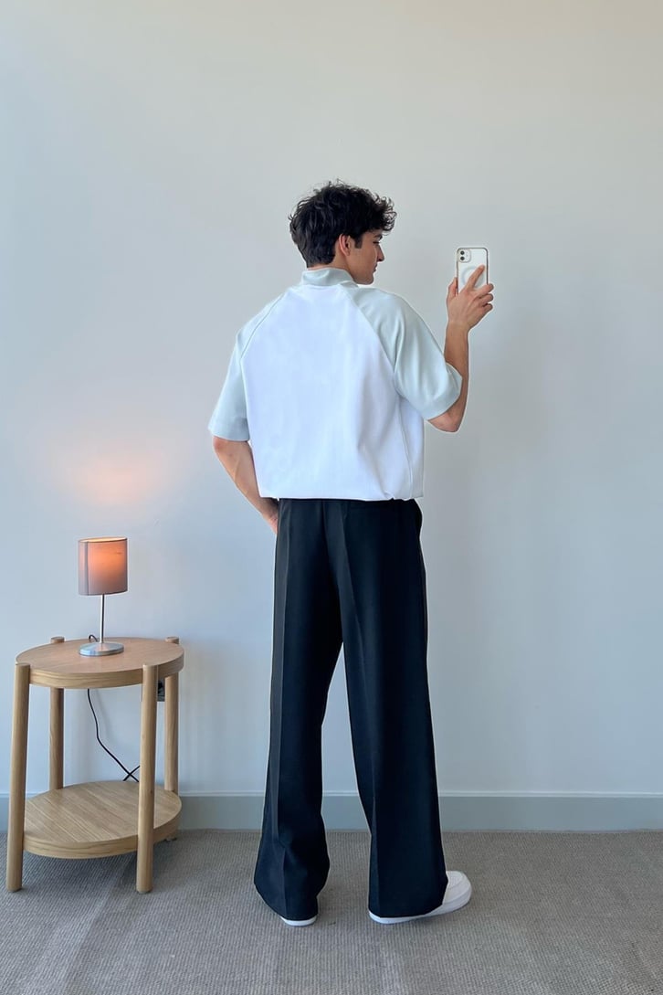 Half Zip Parçalı Gri Oversize Tişört