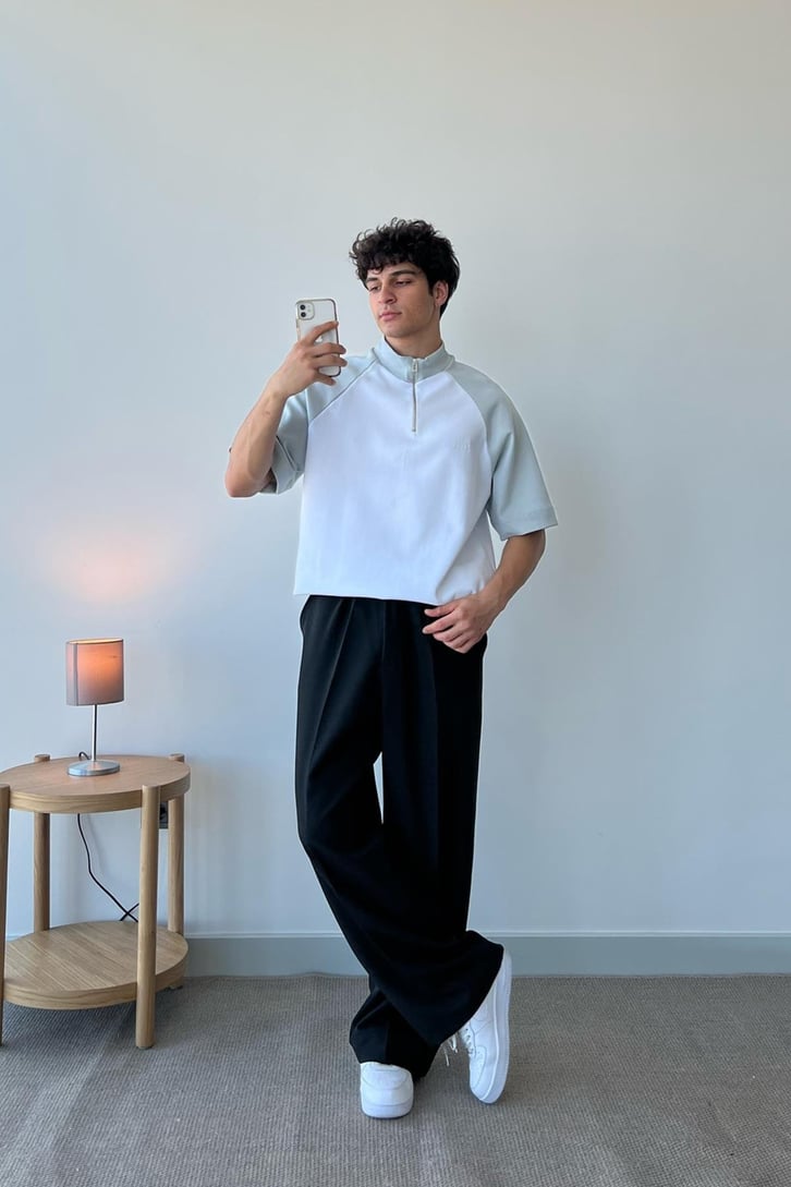 Half Zip Parçalı Gri Oversize Tişört