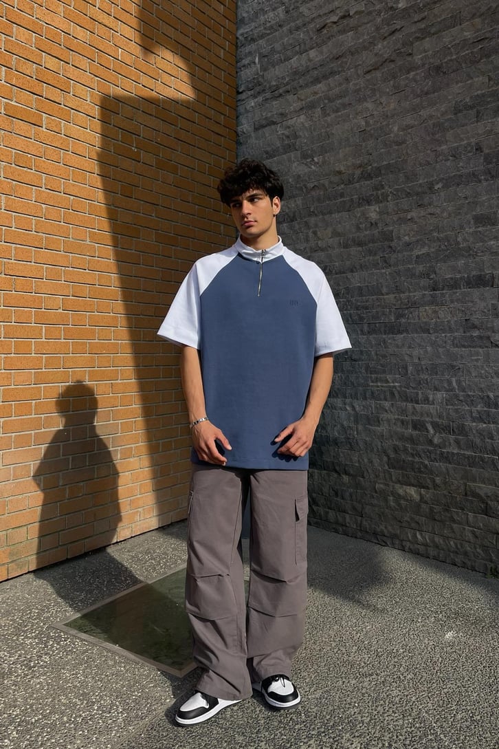 Half Zip Parçalı İndigo Oversize Tişört