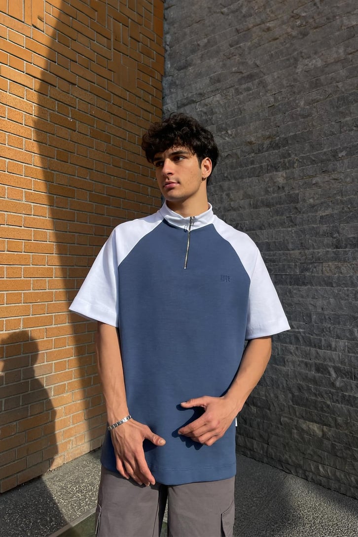 Half Zip Parçalı İndigo Oversize Tişört