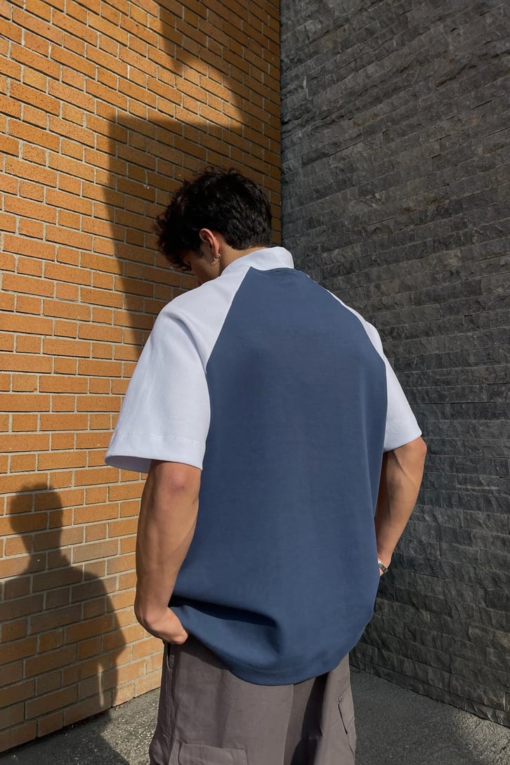 Half Zip Parçalı İndigo Oversize Tişört