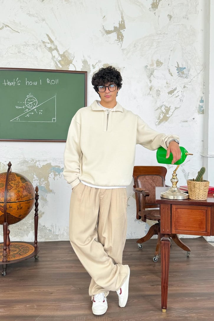 Half Zip Polo Yaka Basic Oversize Sweatshirt