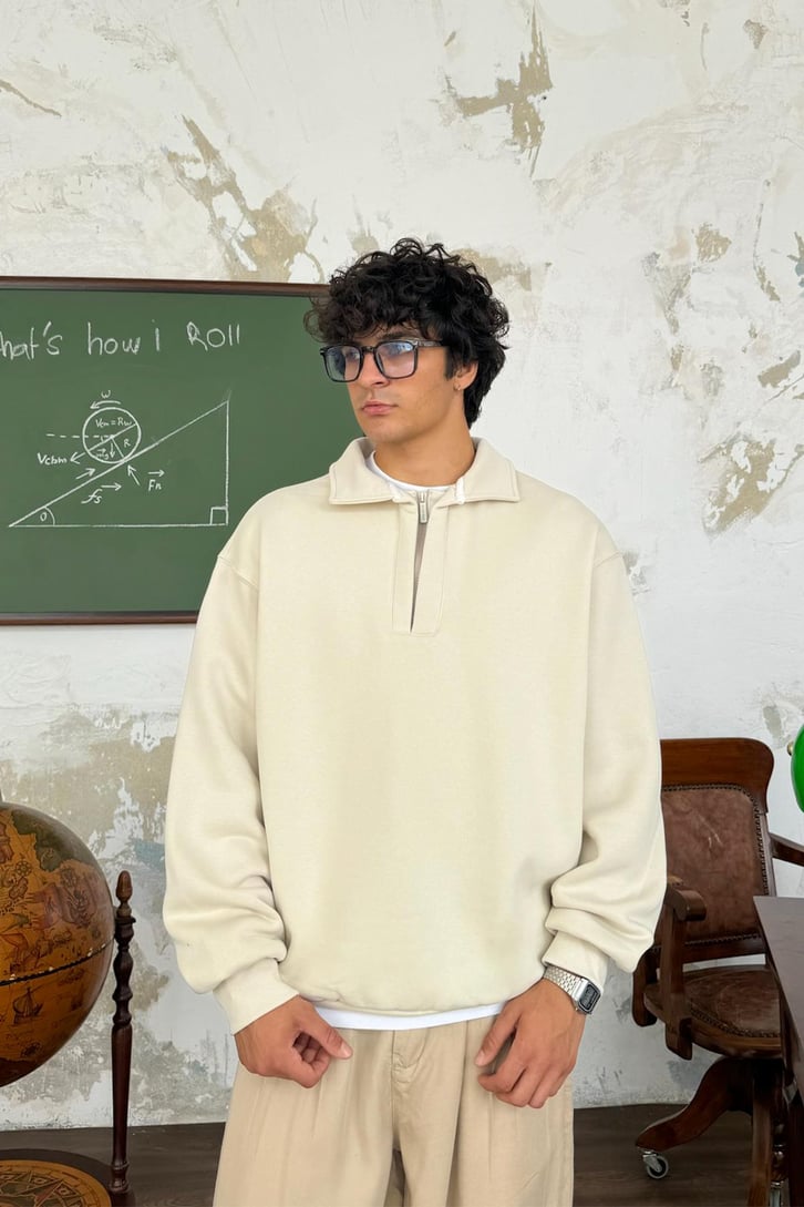 Half Zip Polo Yaka Basic Oversize Sweatshirt