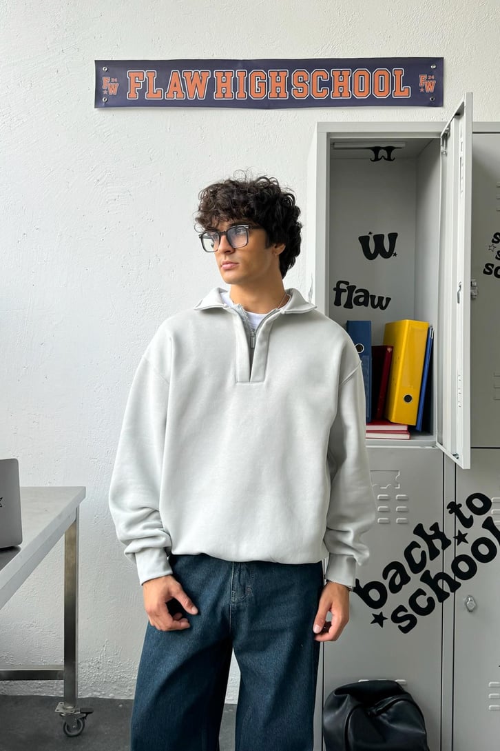 Half Zip Polo Yaka Basic Oversize Sweatshirt