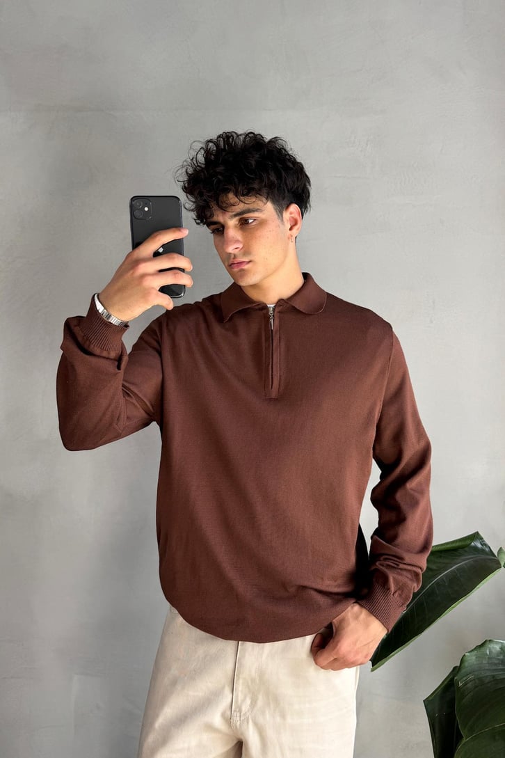 Half Zip Polo Yaka İnce Triko Kazak
